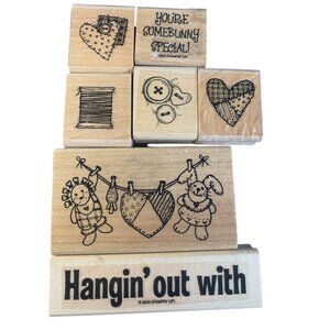 Wood Rubber Stamps Sewing Bunny Heart Buttons Set Of 7 Craft Supplies